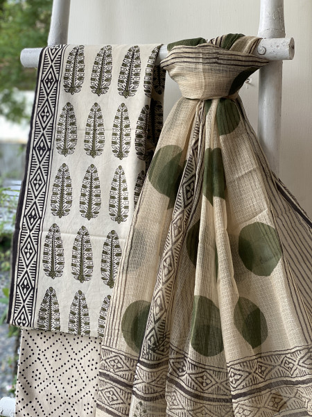 BEIGE COTTON HANDBLOCK PRINT KOTA DUPATTA SET