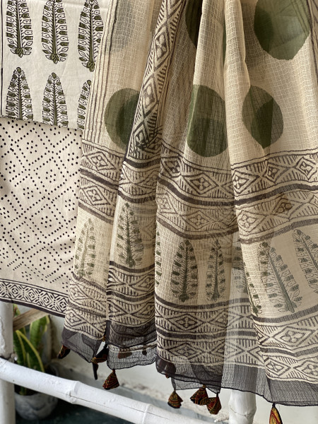BEIGE COTTON HANDBLOCK PRINT KOTA DUPATTA SET