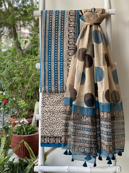 BLUE-BEIGE COTTON HANDBLOCK PRINT KOTA DUPATTA SET