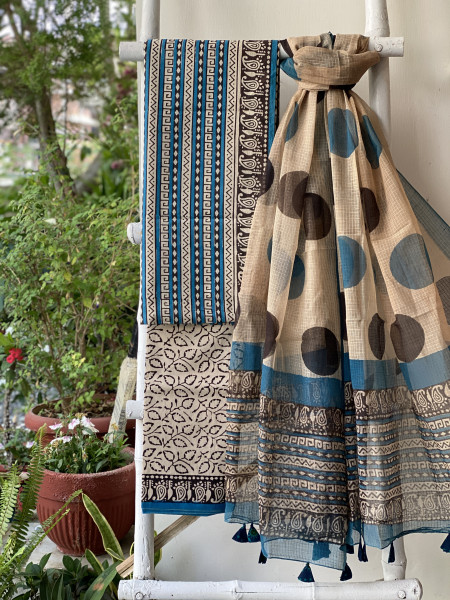 BLUE-BEIGE COTTON HANDBLOCK PRINT KOTA DUPATTA SET