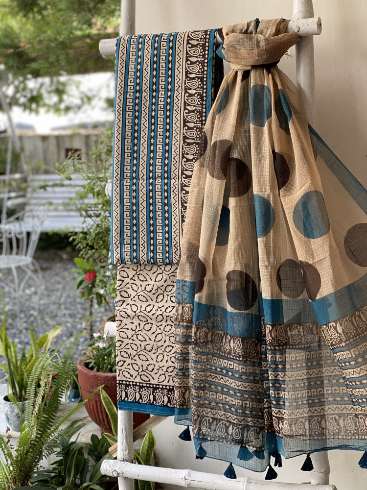 Image of BLUE-BEIGE COTTON HANDBLOCK PRINT KOTA DUPATTA SET