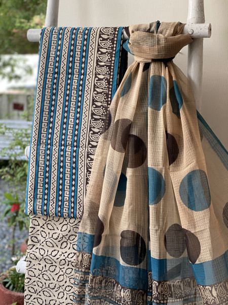 BLUE-BEIGE COTTON HANDBLOCK PRINT KOTA DUPATTA SET