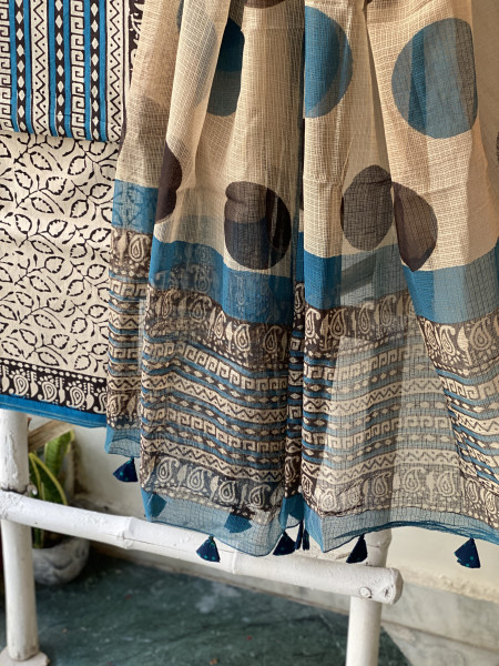 BLUE-BEIGE COTTON HANDBLOCK PRINT KOTA DUPATTA SET