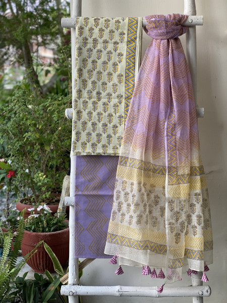 OFF WHITE-LAVENDER COTTON HANDBLOCK PRINT KOTA DUPATTA SET