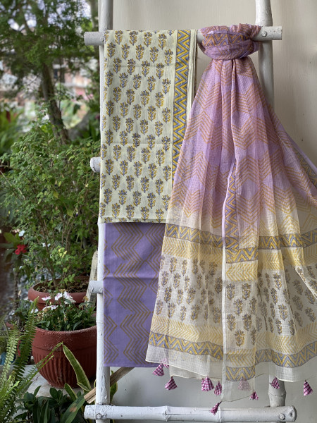 OFF WHITE-LAVENDER COTTON HANDBLOCK PRINT KOTA DUPATTA SET
