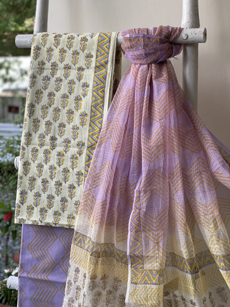 OFF WHITE-LAVENDER COTTON HANDBLOCK PRINT KOTA DUPATTA SET