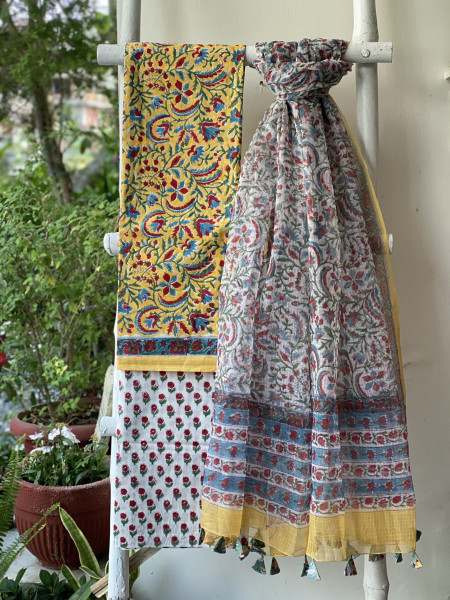 YELLOW-OFF WHITE COTTON HANDBLOCK PRINT KOTA DUPATTA SET