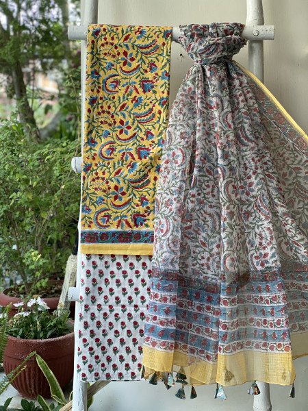 YELLOW-OFF WHITE COTTON HANDBLOCK PRINT KOTA DUPATTA SET