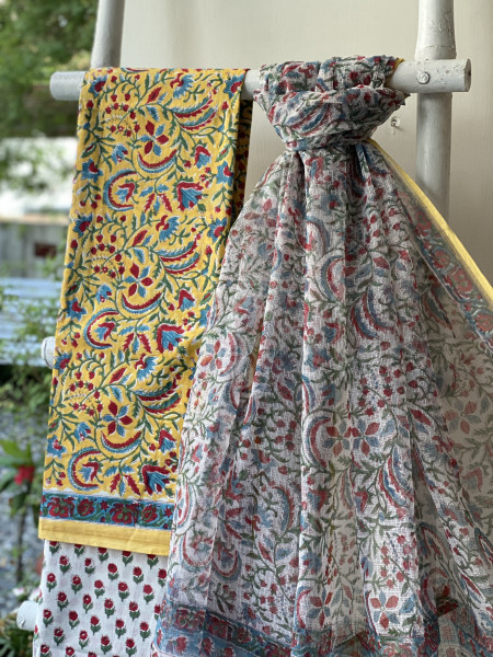 YELLOW-OFF WHITE COTTON HANDBLOCK PRINT KOTA DUPATTA SET