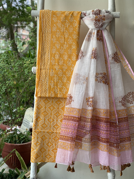 YELLOW-OFF WHITE COTTON HANDBLOCK PRINT KOTA DUPATTA SET
