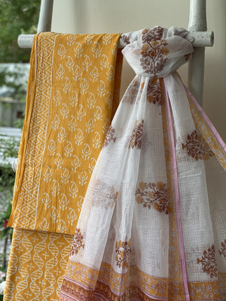 YELLOW-OFF WHITE COTTON HANDBLOCK PRINT KOTA DUPATTA SET