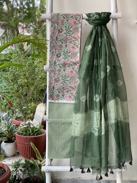SEA GREEN COTTON HANDBLOCK PRINT KOTA DUPATTA SET
