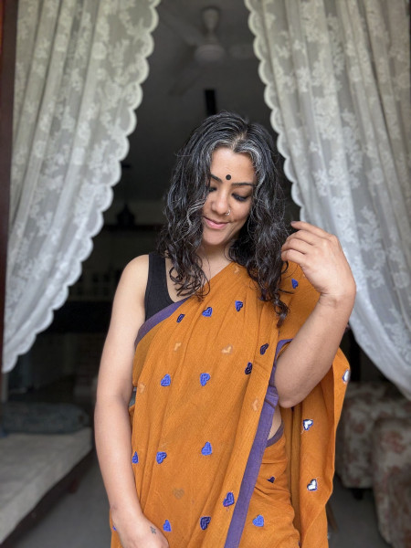 MUSTARD COTTON MULMUL EMBROIDERED SARI