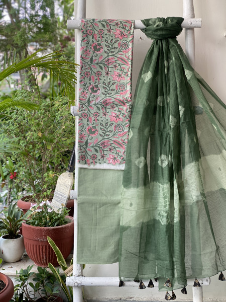SEA GREEN COTTON HANDBLOCK PRINT KOTA DUPATTA SET