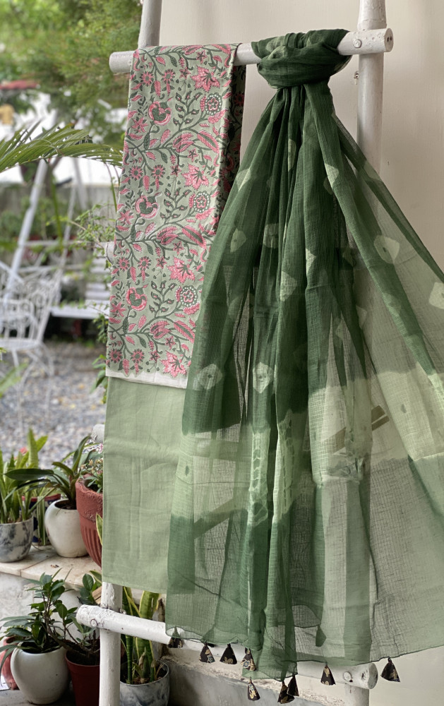 Image of SEA GREEN COTTON HANDBLOCK PRINT KOTA DUPATTA SET