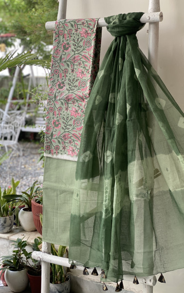 SEA GREEN COTTON HANDBLOCK PRINT KOTA DUPATTA SET
