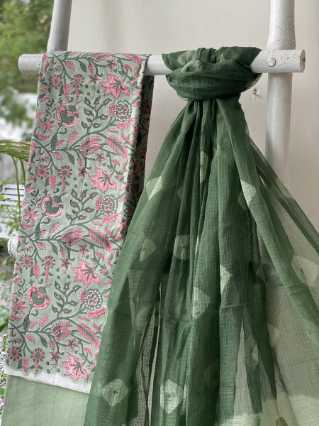 SEA GREEN COTTON HANDBLOCK PRINT KOTA DUPATTA SET