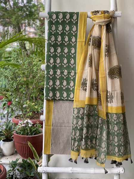 BOTTLE GREEN- BEIGE COTTON HANDBLOCK PRINT KOTA DUPATTA SET