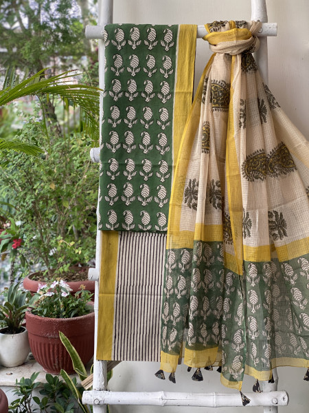 BOTTLE GREEN- BEIGE COTTON HANDBLOCK PRINT KOTA DUPATTA SET