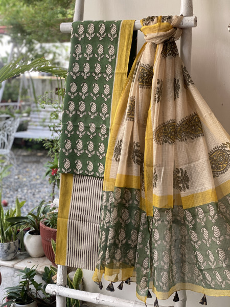 BOTTLE GREEN- BEIGE COTTON HANDBLOCK PRINT KOTA DUPATTA SET