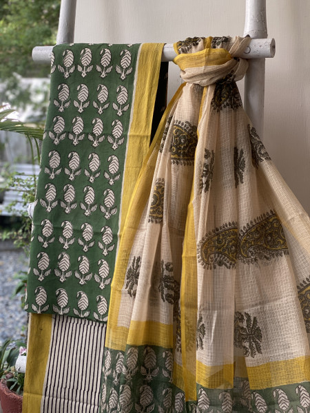 BOTTLE GREEN- BEIGE COTTON HANDBLOCK PRINT KOTA DUPATTA SET