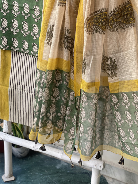 BOTTLE GREEN- BEIGE COTTON HANDBLOCK PRINT KOTA DUPATTA SET
