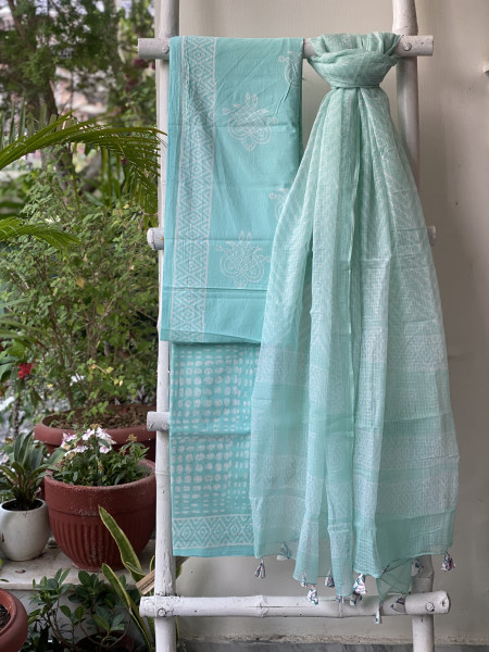 AQUA COTTON HANDBLOCK PRINT KOTA DUPATTA SET