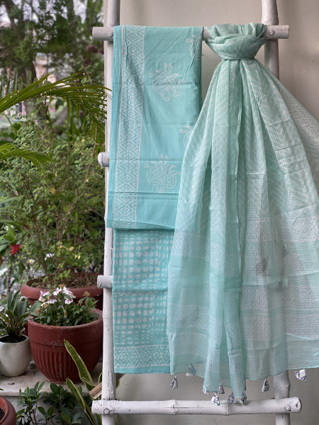 AQUA COTTON HANDBLOCK PRINT KOTA DUPATTA SET