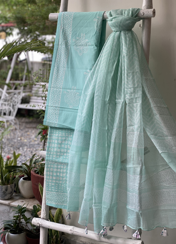 Image of AQUA COTTON HANDBLOCK PRINT KOTA DUPATTA SET