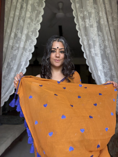 MUSTARD COTTON MULMUL EMBROIDERED SARI