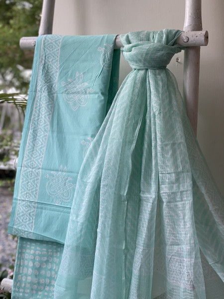 AQUA COTTON HANDBLOCK PRINT KOTA DUPATTA SET