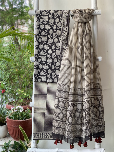 BLACK-OFF WHITE COTTON HANDBLOCK PRINT KOTA DUPATTA SET