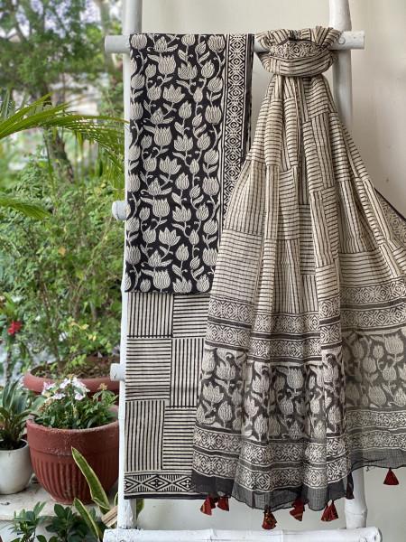 BLACK-OFF WHITE COTTON HANDBLOCK PRINT KOTA DUPATTA SET