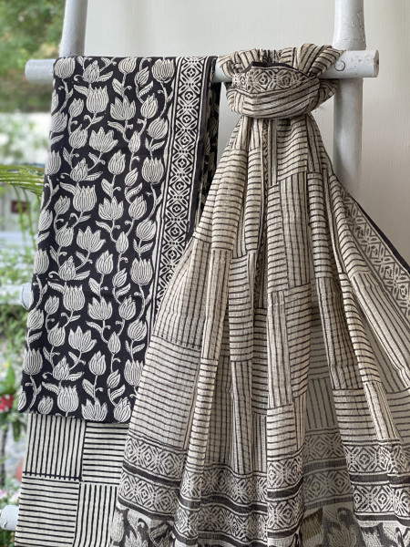 BLACK-OFF WHITE COTTON HANDBLOCK PRINT KOTA DUPATTA SET