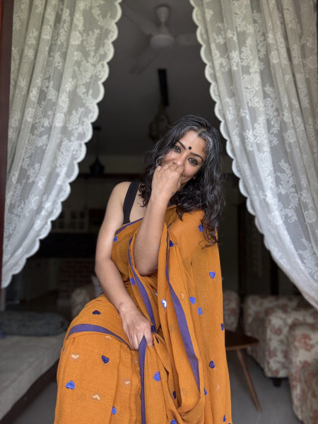 MUSTARD COTTON MULMUL EMBROIDERED SARI