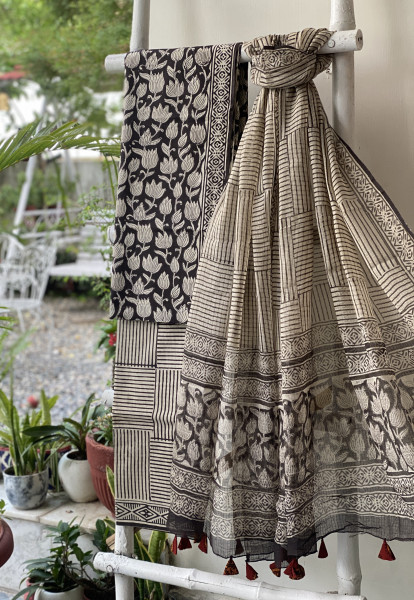 BLACK-OFF WHITE COTTON HANDBLOCK PRINT KOTA DUPATTA SET