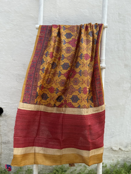 MUSTARD-MULTICOLOUR TUSSAR SILK PRINTED DUPATTA SET