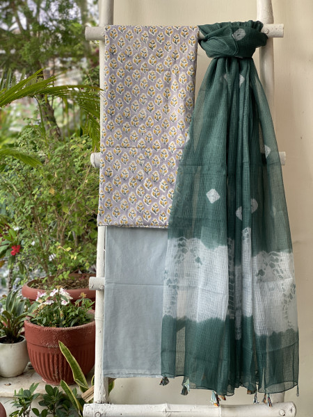 GREY-GREEN MUL COTTON HANDBLOCK PRINT KOTA DUPATTA SET
