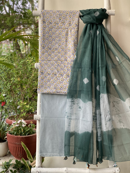 GREY-GREEN MUL COTTON HANDBLOCK PRINT KOTA DUPATTA SET