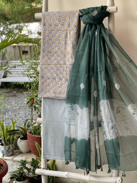 GREY-GREEN MUL COTTON HANDBLOCK PRINT KOTA DUPATTA SET