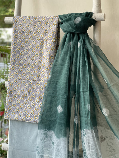 GREY-GREEN MUL COTTON HANDBLOCK PRINT KOTA DUPATTA SET