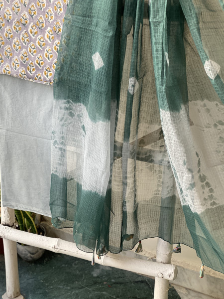 GREY-GREEN MUL COTTON HANDBLOCK PRINT KOTA DUPATTA SET