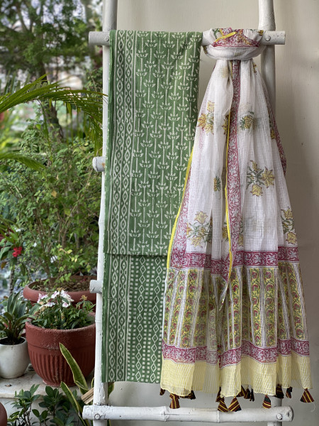 GREEN-OFF WHITE MUL COTTON HANDBLOCK PRINT KOTA DUPATTA SET
