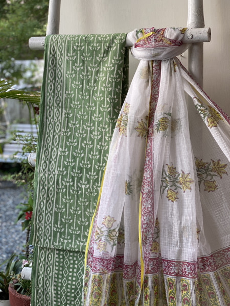 GREEN-OFF WHITE MUL COTTON HANDBLOCK PRINT KOTA DUPATTA SET