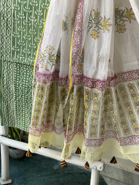 GREEN-OFF WHITE MUL COTTON HANDBLOCK PRINT KOTA DUPATTA SET