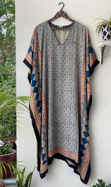 BEIGE HAND BLOCK PRINT MODAL SILK KAFTAN