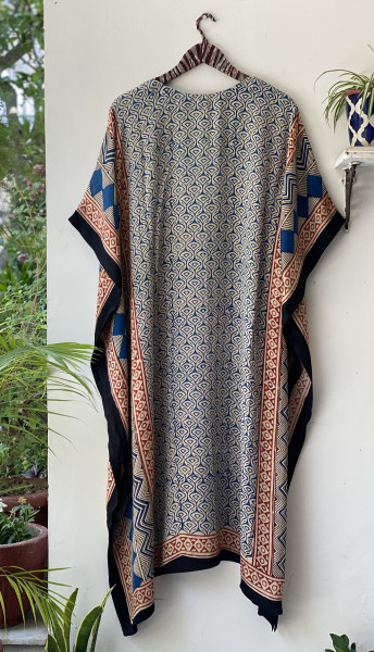 BEIGE HAND BLOCK PRINT MODAL SILK KAFTAN