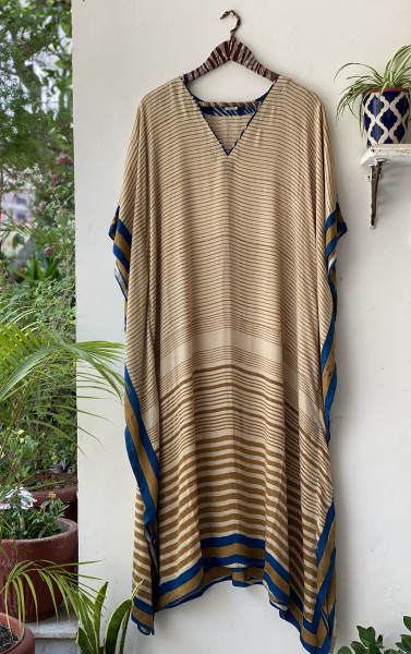 BEIGE HAND BLOCK PRINT MODAL SILK KAFTAN