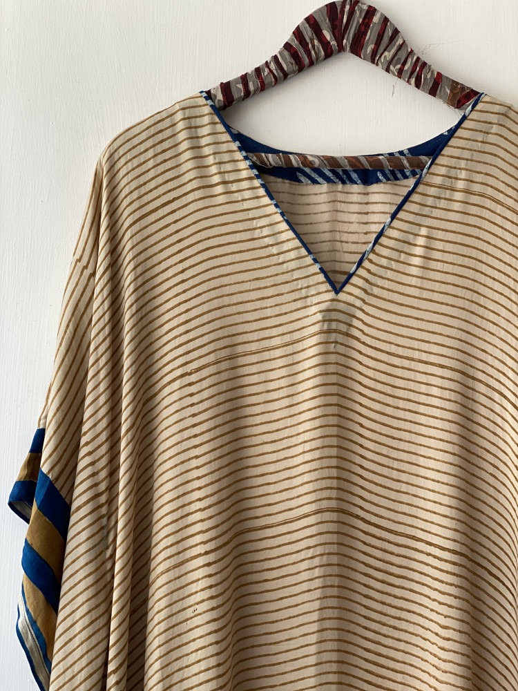 Image of BEIGE HAND BLOCK PRINT MODAL SILK KAFTAN