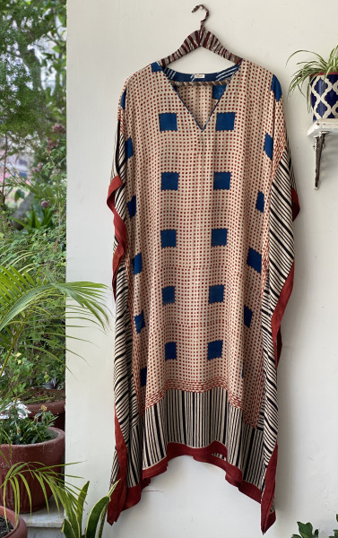 BEIGE HAND BLOCK PRINT MODAL SILK KAFTAN